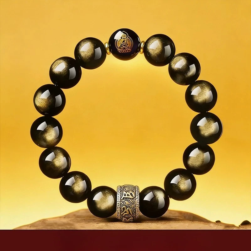 Chinese Style Lucky Golden Obsidian Bracelet For Men 12 Zodiac Patron Saint Mantra Bead Bracelet Fortune Blessing Nice Fathers