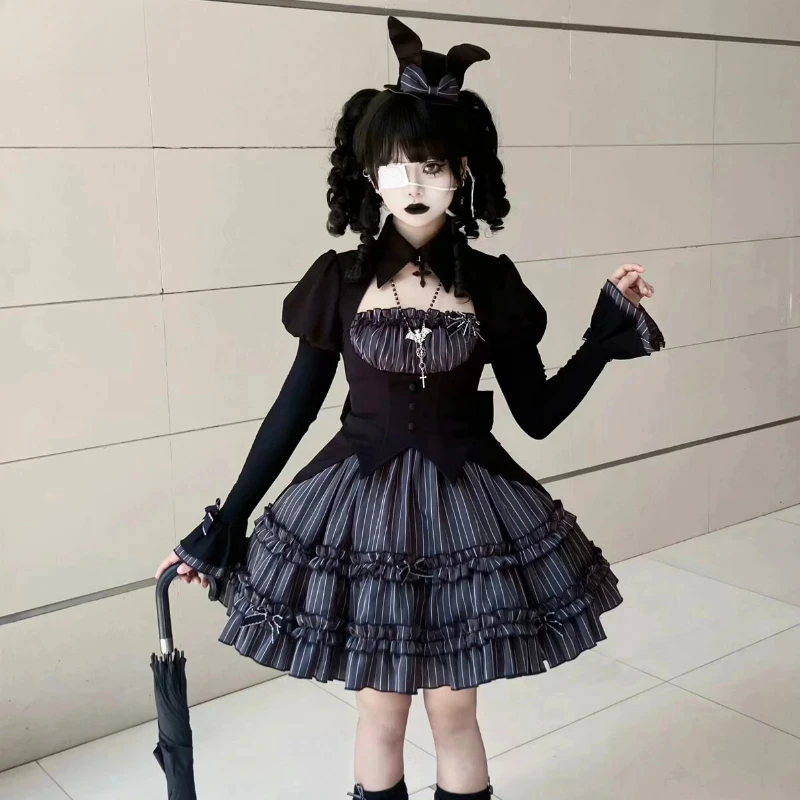Vintage Gothic Lolita Dress Sets Women Halloween Duke Cosplay Costumes Harajuku Y2k Party Mini Dresses Punk Dark Stripe 2025