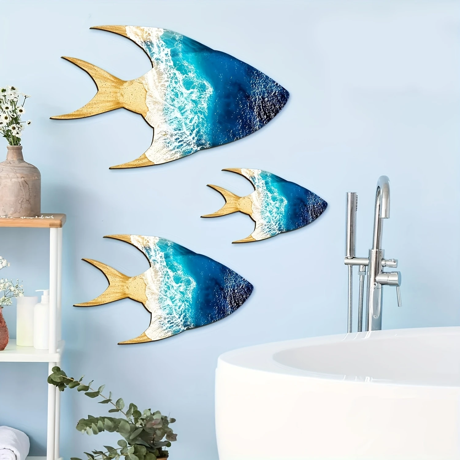 3pcs Blue Wooden Marine-themed Sailboat Wall Ornament Family Farmhouse Cafe Wall Decoration Colorful Printing Decoration Gifts