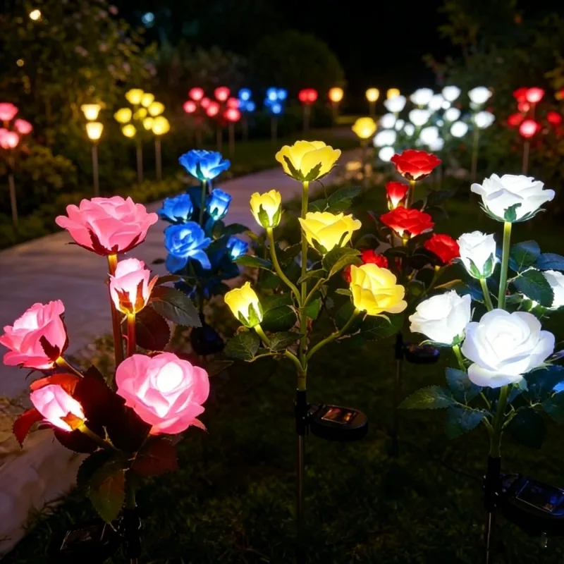 5 Heads Rose Lawn Lamp LED Solar Lights Outdoor Decorative Solar Garden Lights for Yard Patio Garden Wedding Decor Fairy Lights