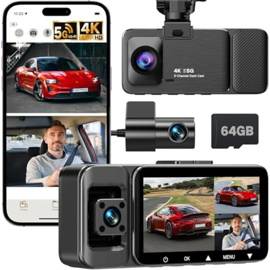 

4K Dash Cam Front and Rear Inside, 3-Channel Cars Camera Dash with 170 Wide Angle, Free 64GB SD Card, 5.8GHz WiFi, Night Vision