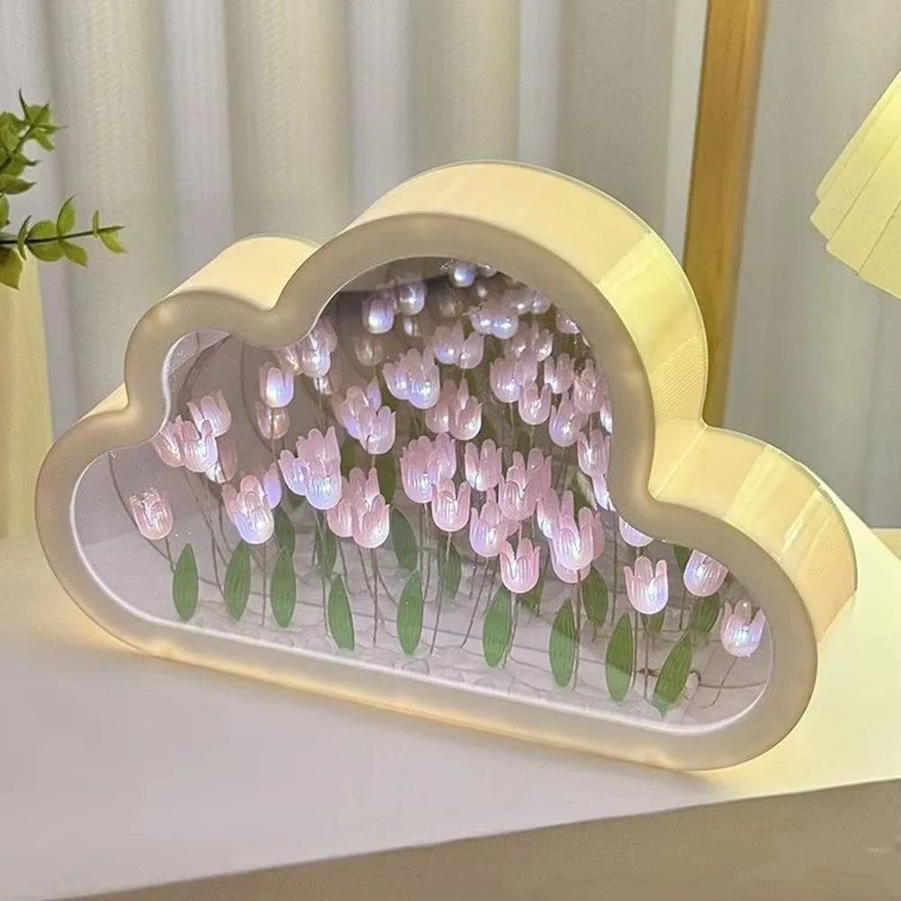 Christmas Gifts DIY Cloud Mirror Tulip Night Light Handmade Glass Photo Frame Bedside Lamp for Girl Bedroom Home Ornaments