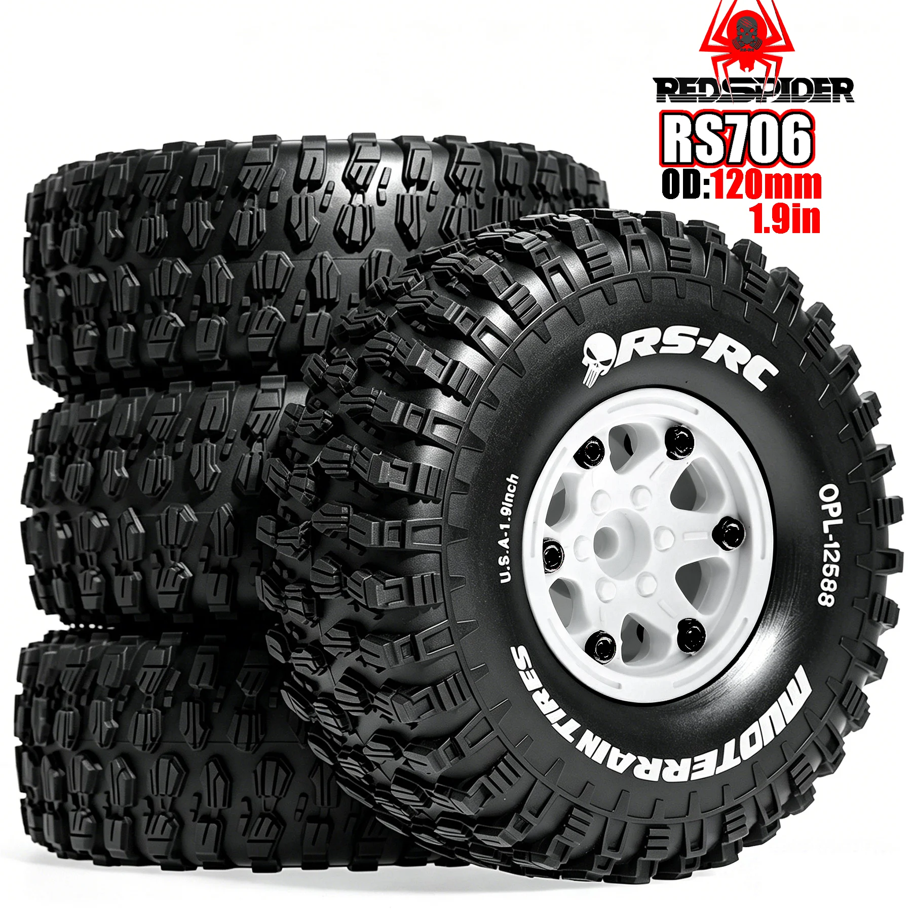 RED SPIDER 4Pcs 1.9 Inch Plastic Wheel Hub + 120mm All Terrain Rubber Fit 1/10 Axial SCX10 TRX4 TRX6  D90 Off Road RC Vehicle