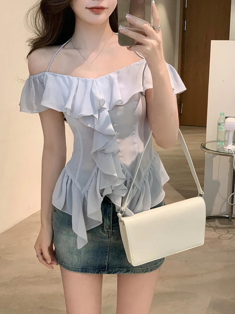 Elegant 2 Piece Skirt Sets Summer 2024 French Harajuku Y2k Crop Tops Blouse Chiffon Shirt Straight Neck Sexy Slim Denim Skirts