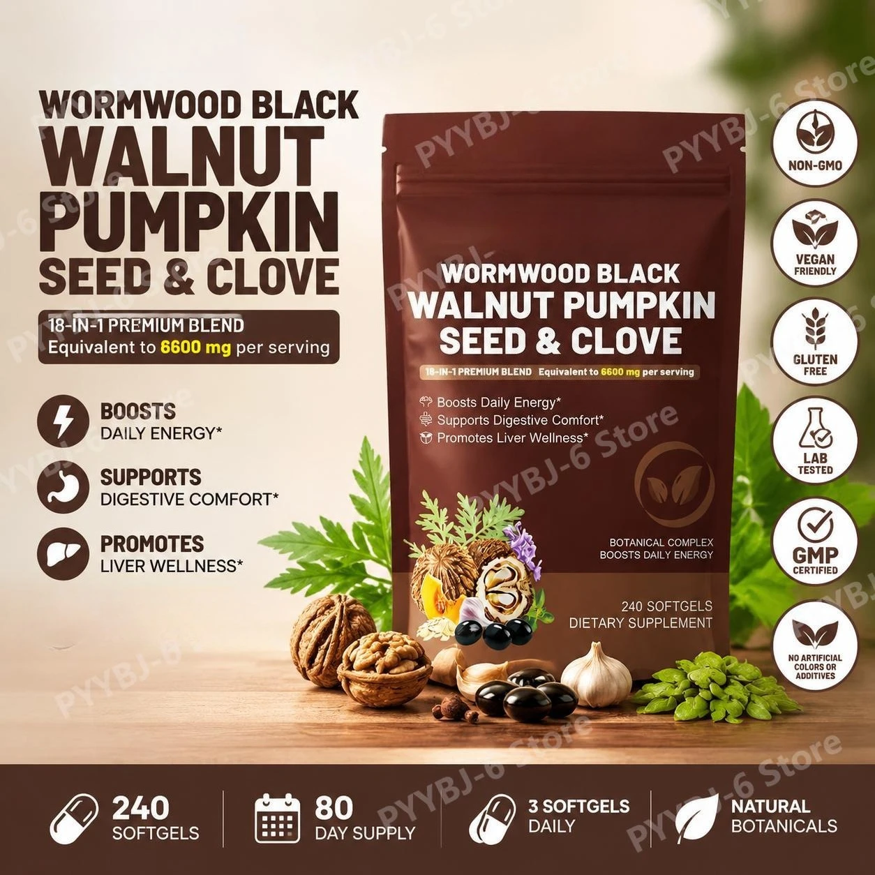 Wormwood Black Walnut Pumpkin Seed Clove Softgels 18-in-1 Herbal Cleanse Digestive Comfort Energy Liver Immune Support 240 Count