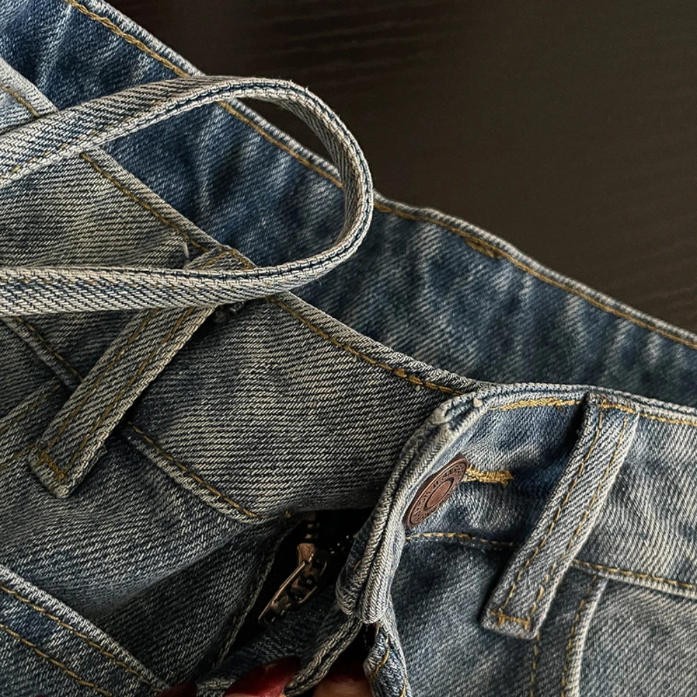 Falda vaquera Irregular para mujer, pantalones cortos de diseño Vintage con cordones, pantalones cortos de cintura alta, ropa de fiesta y Club para 18-24 años, verano 2025