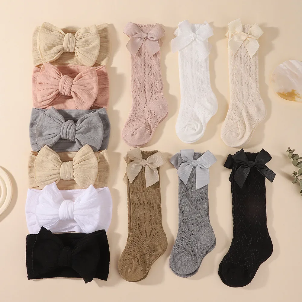 Baby Large Bow Headband High Elasticity Wide Edge Unbreakable Headband Mid Length Socks Hollow Mesh Knitted Set