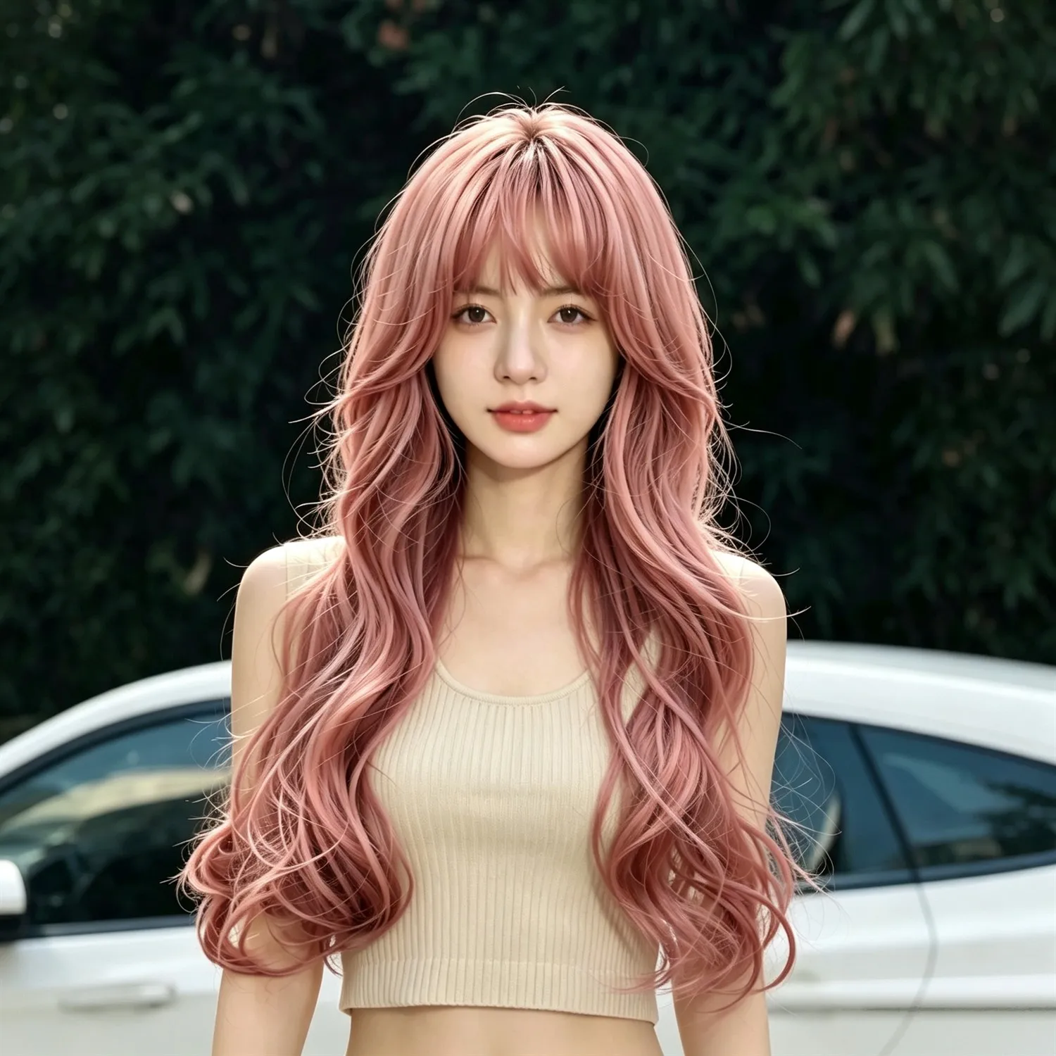 Pink Body Wave Wig 24 Inch Pastel Pink Ombre For Women Cosplay Party Heat Resistant Synthetic Fiber Wig