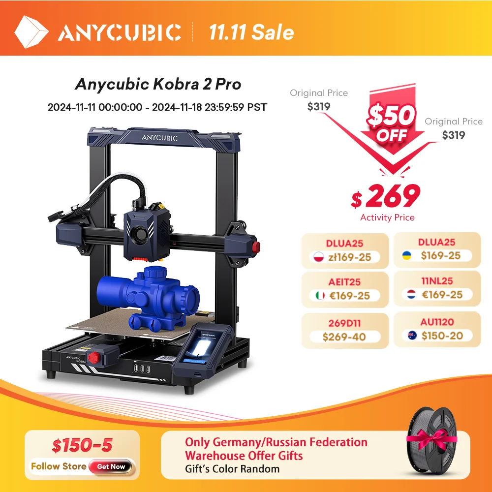 ANYCUBIC Kobra 2 Pro 500mm/s Maximum Printing Speed FDM 3d Printer 25-Point Automatic Leveling With 9.8 x8.7 x 8.7in Print Size