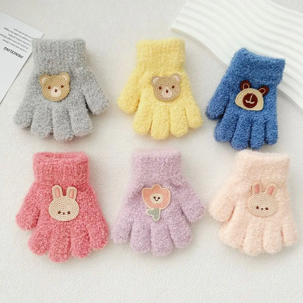 Fashion Bear Baby Fluffy Gloves Flower Korean Style Cartoon Pattern Gloves Rabbit Full Finger Knitted Mittens Boy