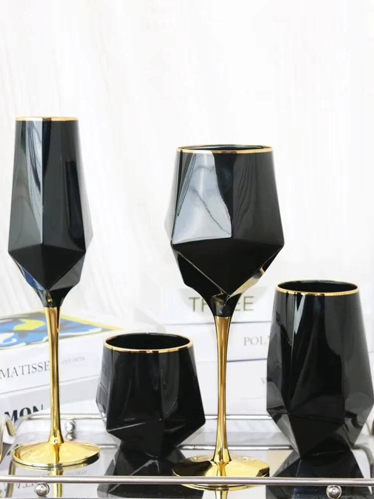 

Pure Black Crystal Golden Edge Wine Glass Goblet Light Luxury Irregular Model Room Special Champagne Cup Whiskey Beer Glasses