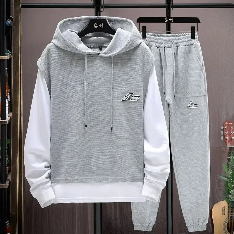 

Костюм спортивный мужской повседневный из 2 предметов, свитшот с длинным рукавом и штаны с вафельным принтом, уличная одежда, весна-осень