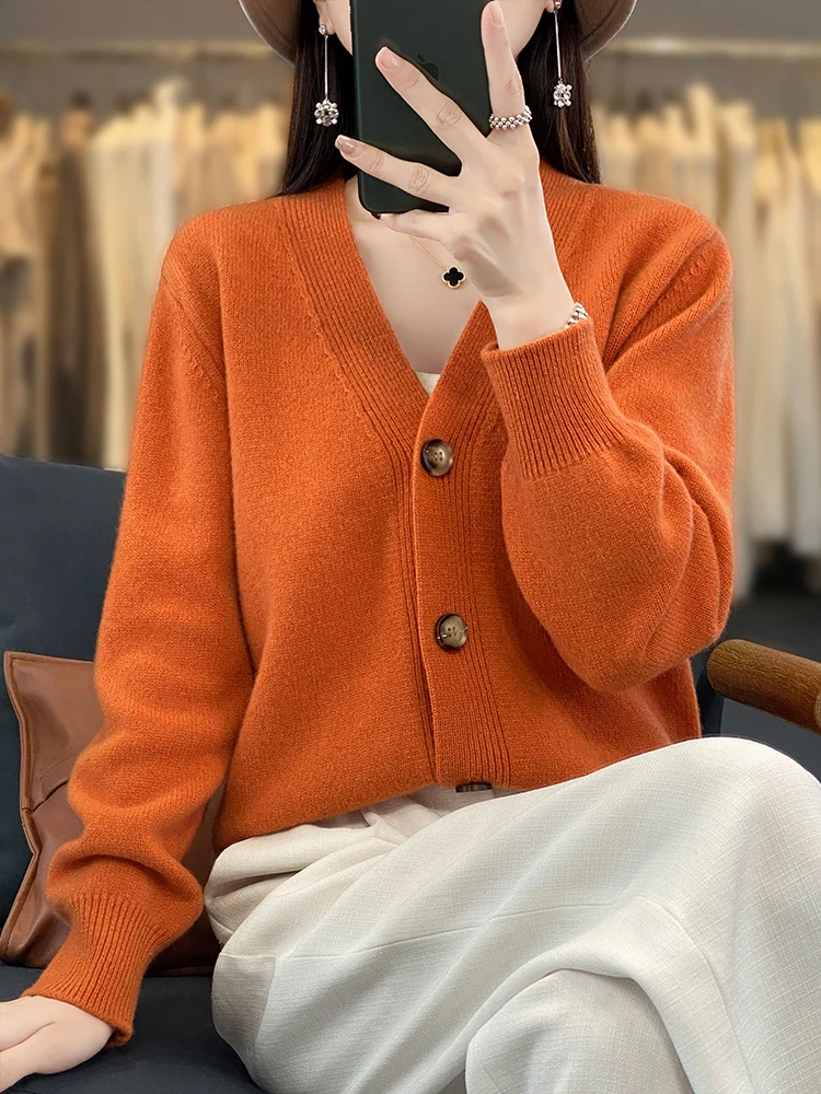 

Merino 100% Pure Wool Knitted Sweater Women's Round Neck Fashionable Casual Thick Button Cardigan