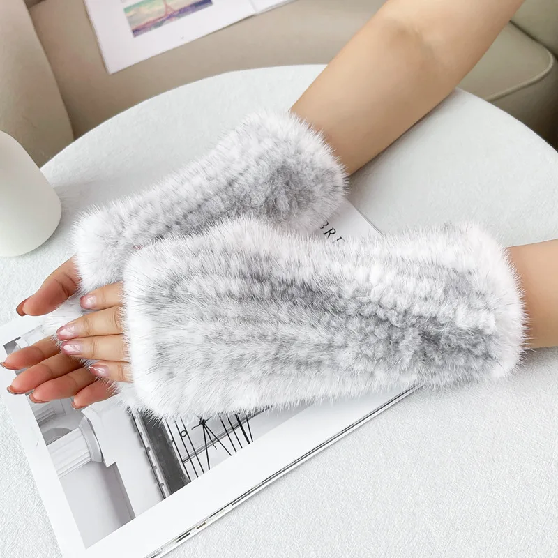 2024 New Women Fashion 100% Genuine Knitted Mink Fur Fingerless Glove Winter Mink Fur Mittens For Lady Elastic Real Fur Gloves