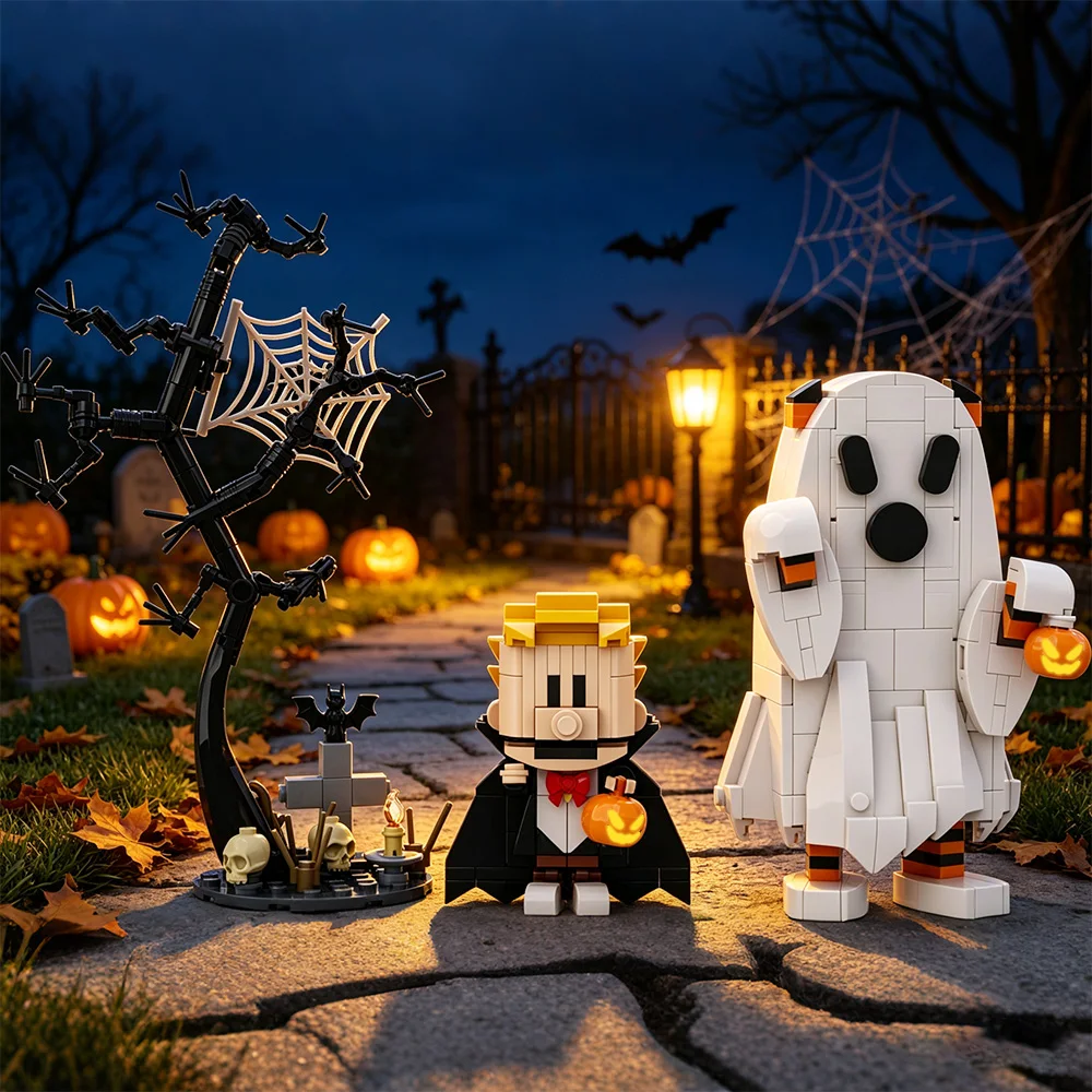 Calvines Tiger Baustein-Set Vampir-Kostüme Figur und Weißer Geist Halloween-Kürbislaternen-Szene Bausteine Spielzeug Erwachsenengeschenk