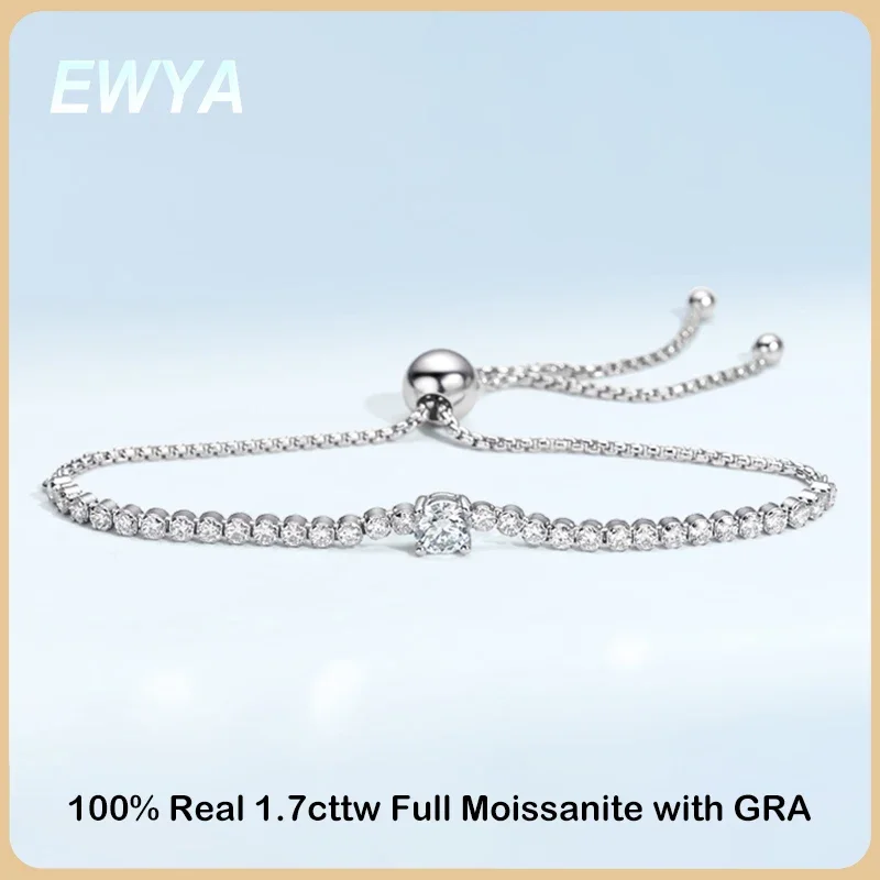 

EWYA 100% Real 1.7CT Round Cut Full Moissanite Tennis Bracelet for Woman Girl Party S925 Sterling Silver Diamond Link Bracelets