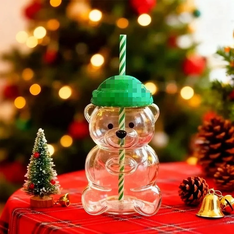 

550ml Cute Bear Glass Cup Durable and Portable Beer Wine Cocktail Beverage Cup Home Direct Drinking Straw Cup Christmas Gifts