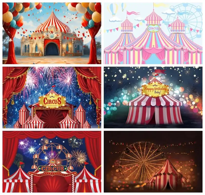 

Laeacco Red Circus Carnival Backdrop Curtain Tent Stars Ferris Wheel Kids Birthday Baby Shower Portrait Photography Background