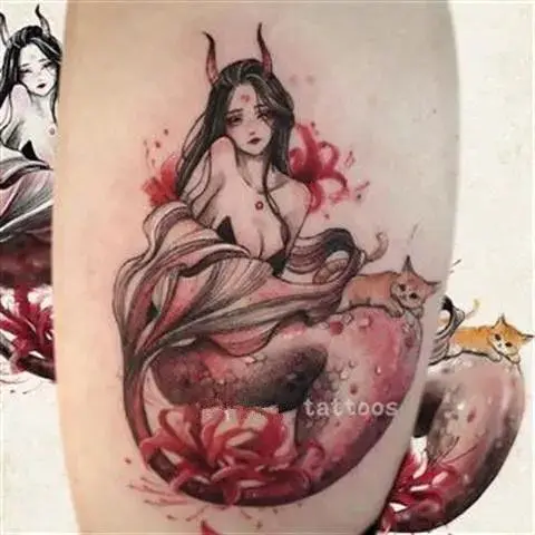 2023 New Dark Japanese Devil Wings Geisha Tattoo Stickers Waterproof Lasting Temporary Tattoo Sweet Cool Fake Tattoo for Women