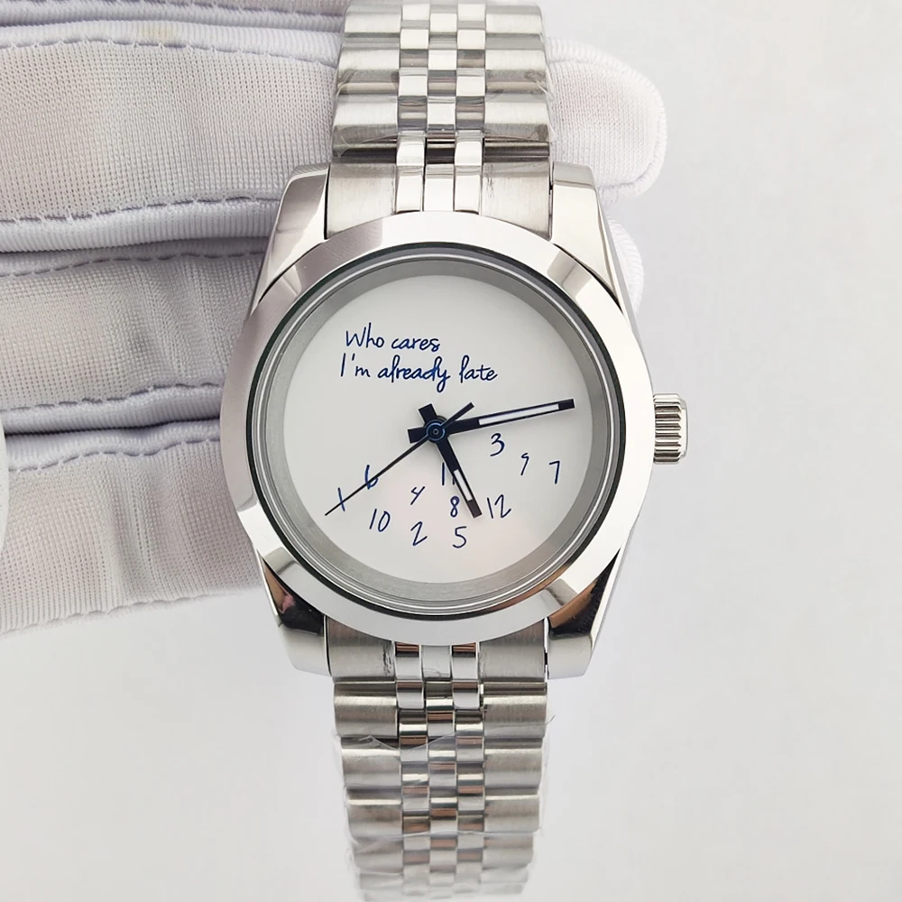 39mm nh35 Watch Men Watch No Logo Blue Text Dial Watches for Man Sapphire Crystal Glass Automatic Movement