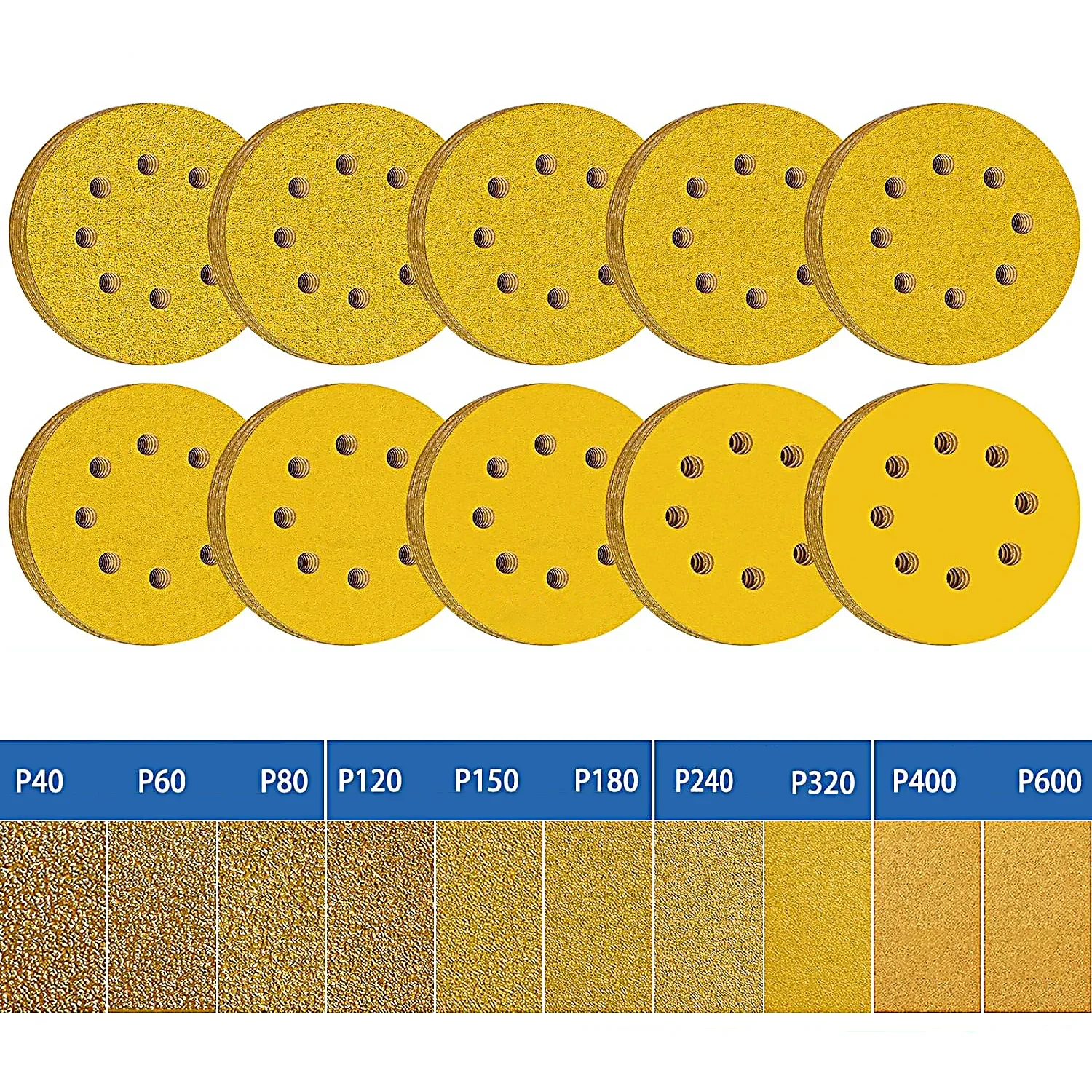 10/50/105 Stück gelbes Schleifpapier, 125 mm, 5 Zoll, 8 Löcher, Schleifscheiben für Auto, Holzbearbeitung, Metallschleifscheibe, Schleif- und Polierwerkzeug – Detail 9