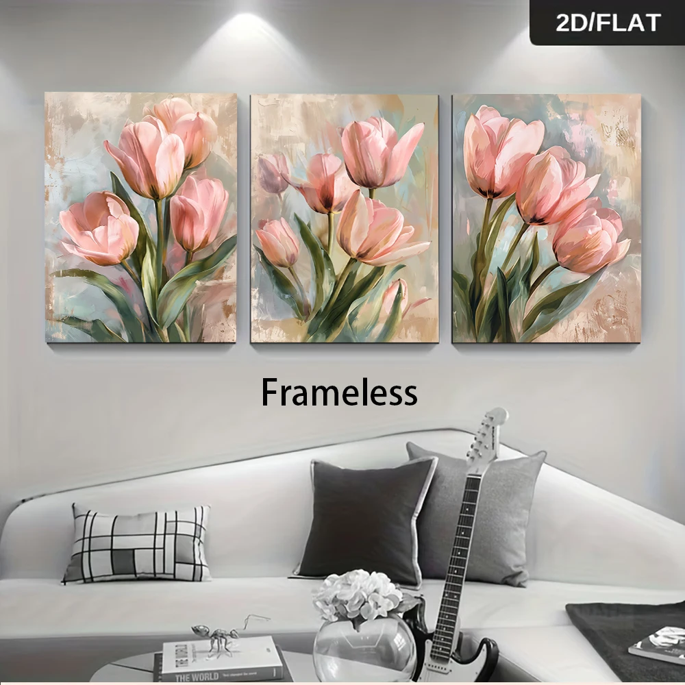 3PCS Frameless,One set of pink tulip triptych frameless decorative paintings, a warm and inviting 2D bedroom wall art.