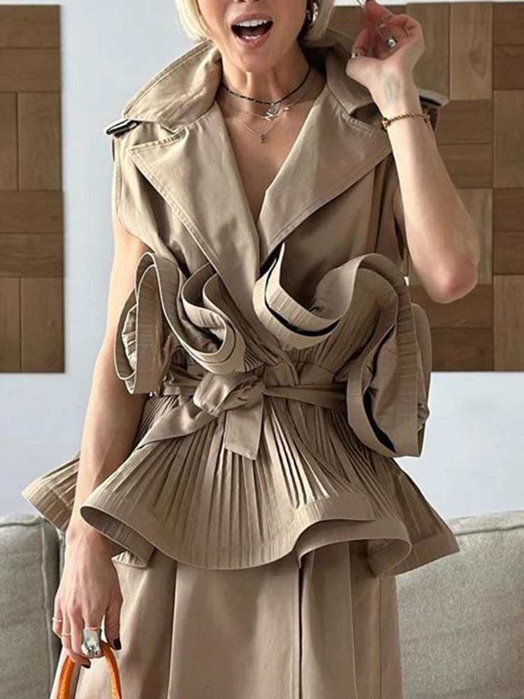 VGH Patchwork Ruffles Elegant Blouse For Women Lapel Sleeveless Tunic Temperament Spliced Belt Sliiming Shirt Female Fashion New