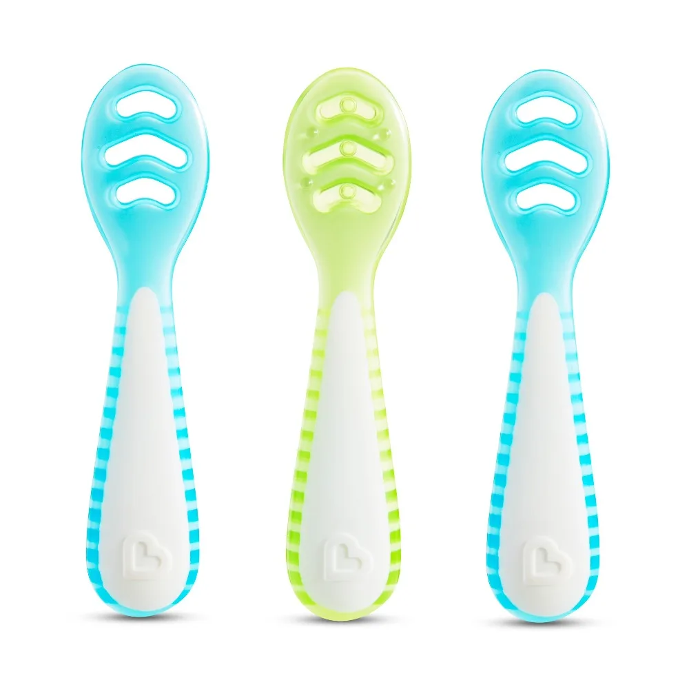 Multistage First Infant Spoons for Babies Soft Bite Feeding Utensils Set of 3 Blue Green Color Weaning Training Spoons