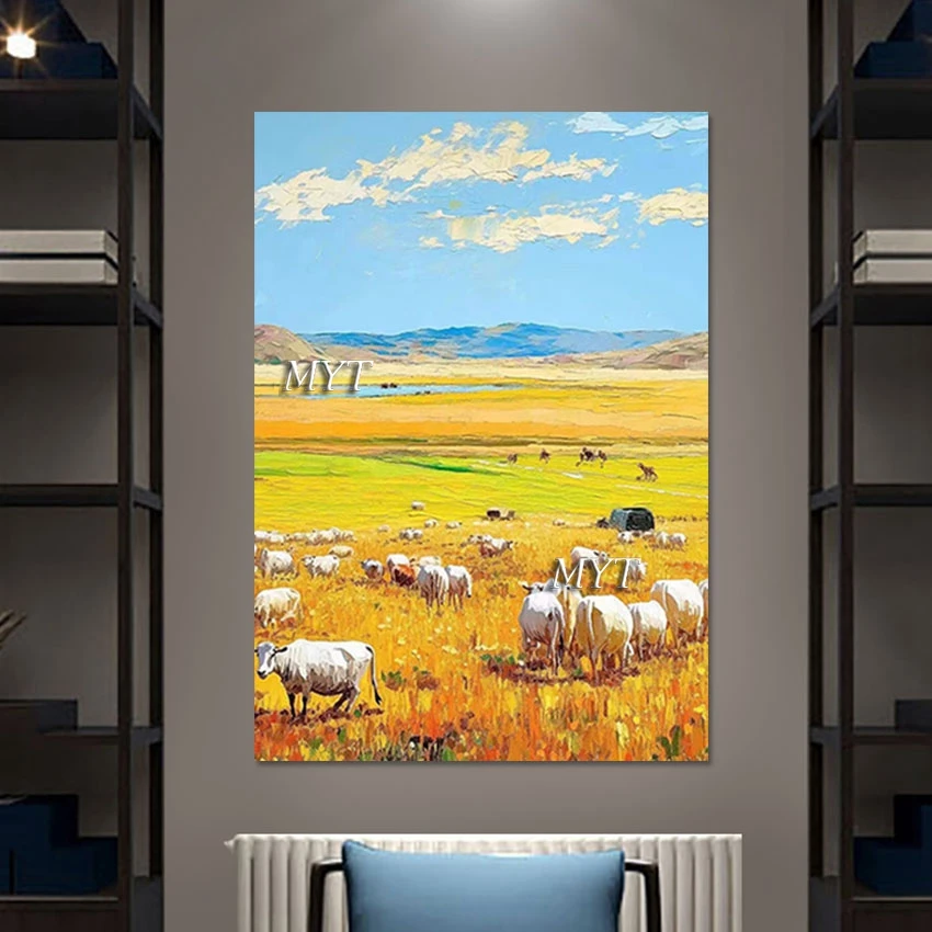 High Quality Beautiful Grassland And Cattle Hand Painted Scenery Oil Painting Luxury Decoration For Home Custom Canvas Picture