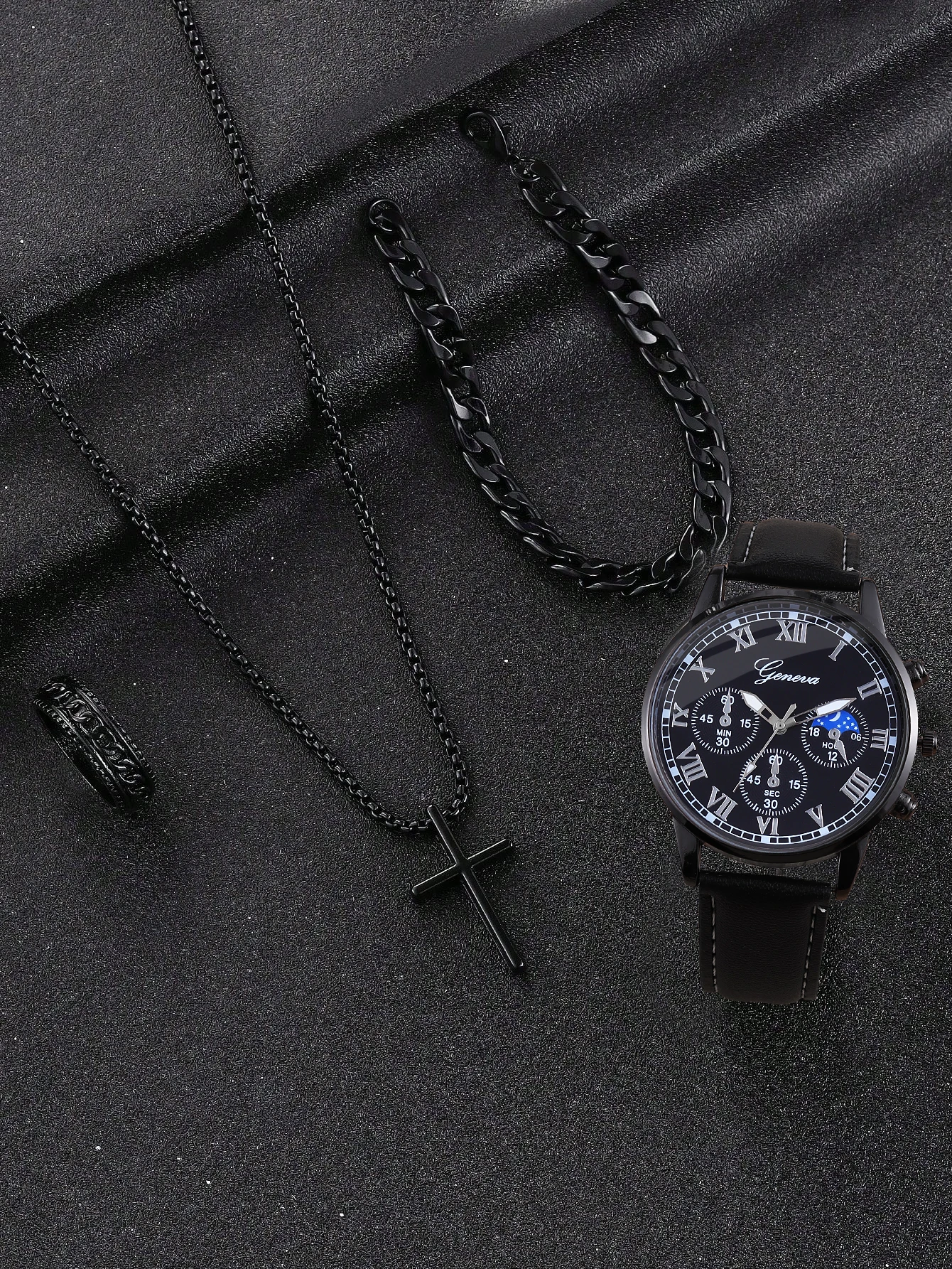 3pcs classic star pattern Roman leather men\'s quartz watch and alloy bracelet ring cross necklace set travel matching pieces