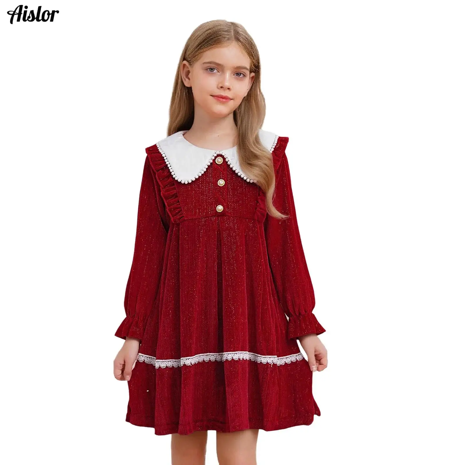 

Kids Girls Velvet Dress Cute Collar Long Puff Sleeves Back Zipper Ruffles Lace Trim Belted Dress for Christmas Birthday Party