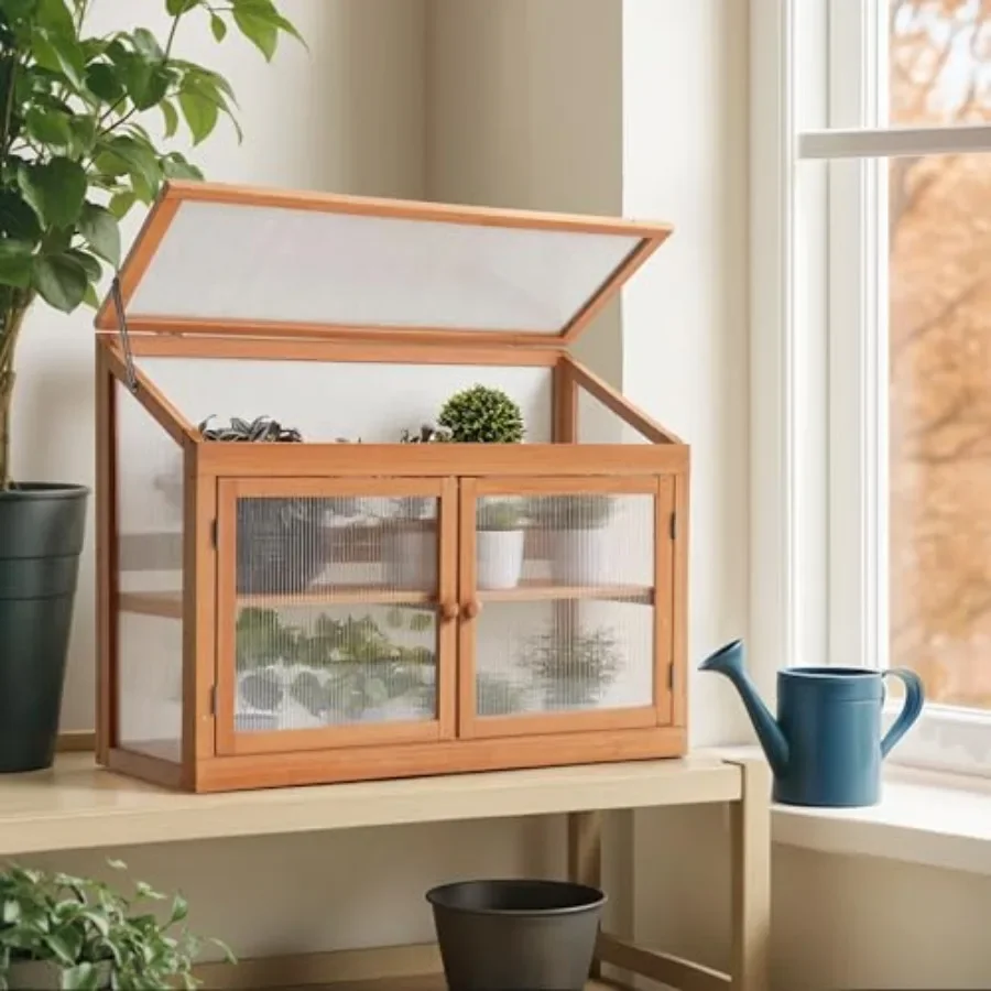 Wooden cold frame garden greenhouse for outdoor use, natural wood color, durable weather-resistant construction