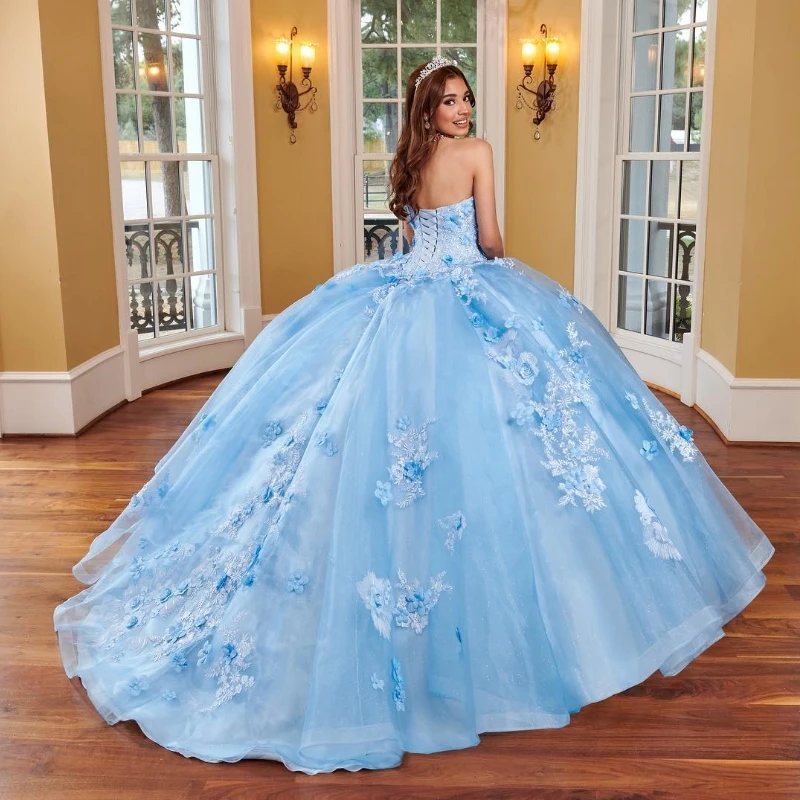 Sky Blue Sweetheart Quinceanera Dresses Ball Gown 3D Floral Flowers Appliques Lace Off Shoulder Corset For Sweet 15 Girls