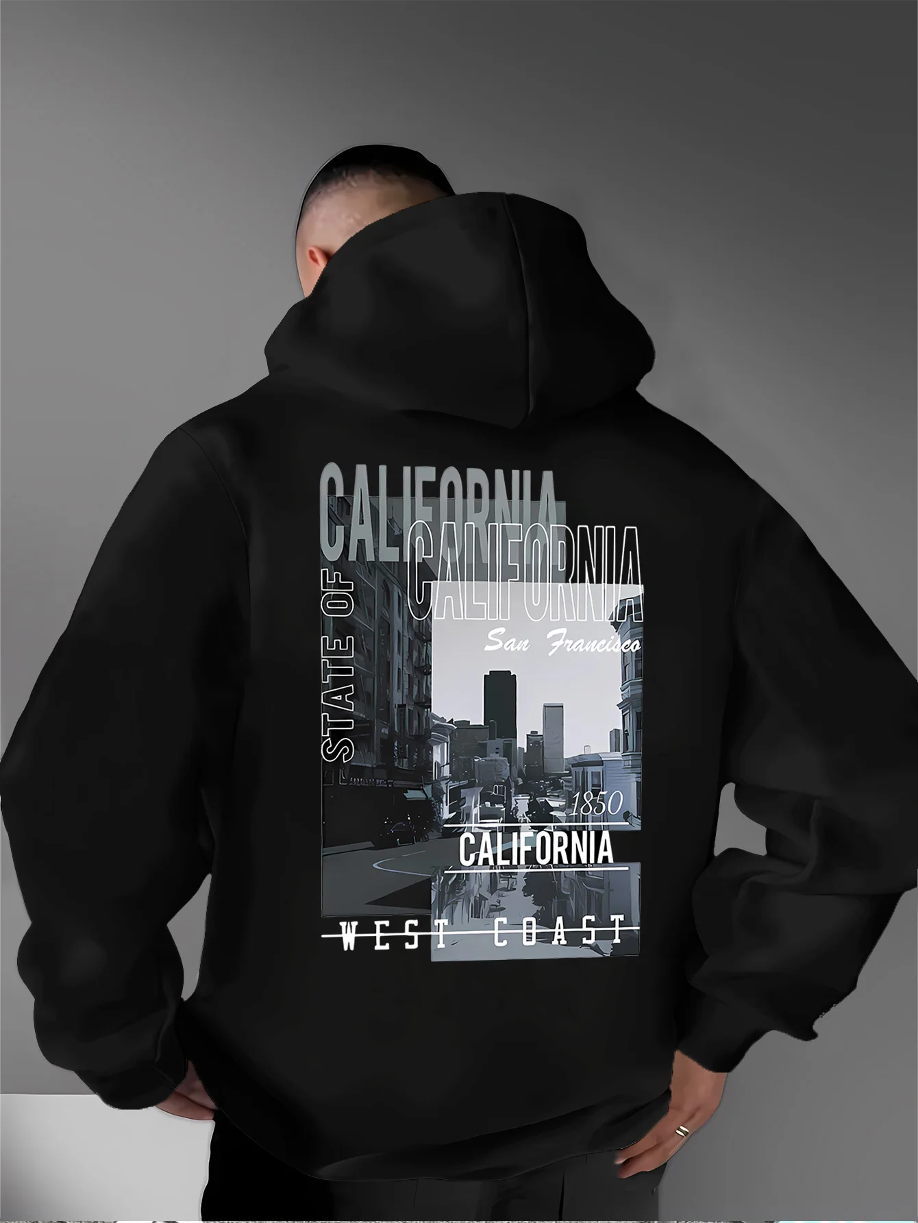 Retro California State Emblem Stacked Letters City Street Scene Print Men Daily Street Fashion Casual Fall/winter Hooded Hoodie
