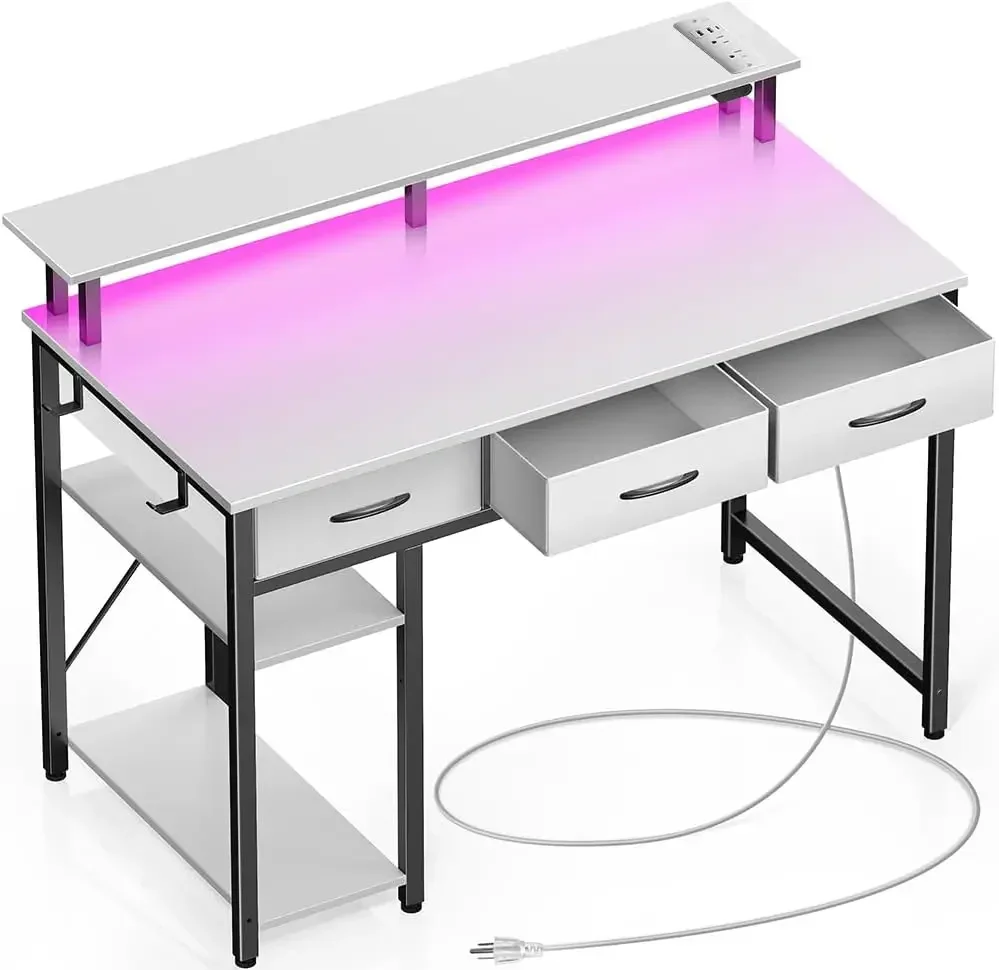 Bureau d'ordinateur avec prises de courant et lumière LED, bureau à domicile de 39 pouces avec 3 égouts de proximité et étagères de rangement