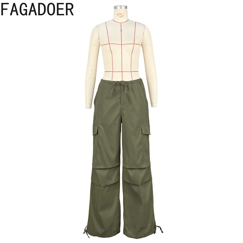 FAGADOER Y2K Fashion Low Waist Wide Baggy Pants Legs for Woman Solid Color Cargo Pocket Long Pants Female Streetwear Bottoms New