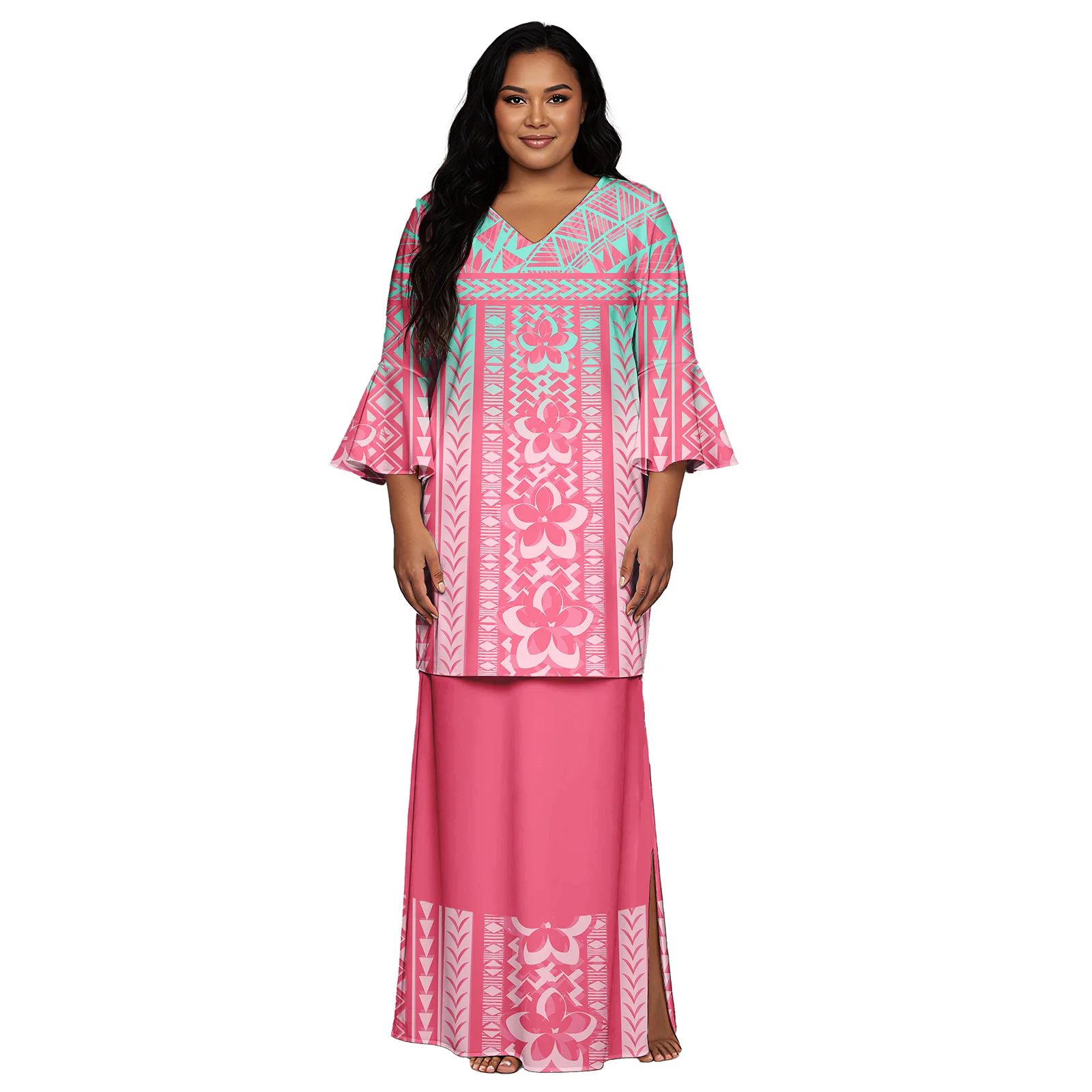 Hawaiian Tropical Pattern Ladies V-Neck Long Flare Sleeve Puletasi Polynesian Tribal Design Church Samoan Puletasi for Women's