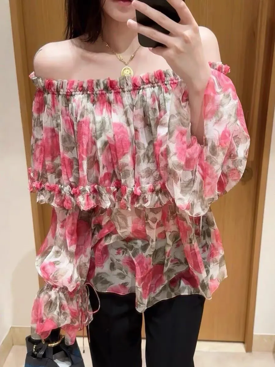 

Sweet Girls Romantic Flower Print Pink Blouse 2026 Summer Fashion Ruffles Sexy Slash Neck Silk Top