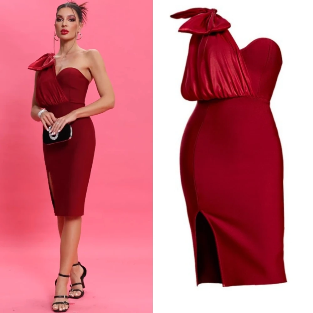 Customized S Bow Formal Evening A-line One-shoulder Bespoke Occasion Gown Knee Length Dresses