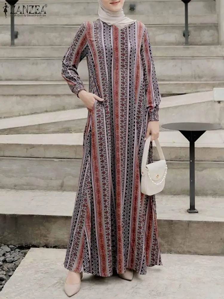 ZANZEA Vintage Ethnic Printed Long Dresses Women Muslim Casual Loose O Neck Long Sleeve Abaya Robes Islamic Hijab Vestidos Mujer