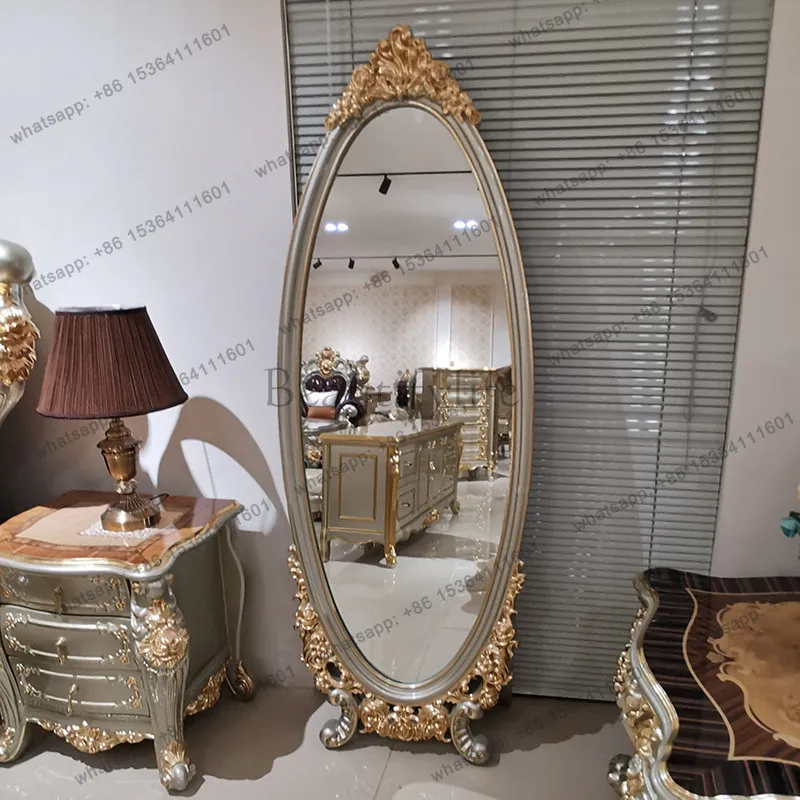 American all solid wood carving flower floor mirror full body bedroom changing mirror