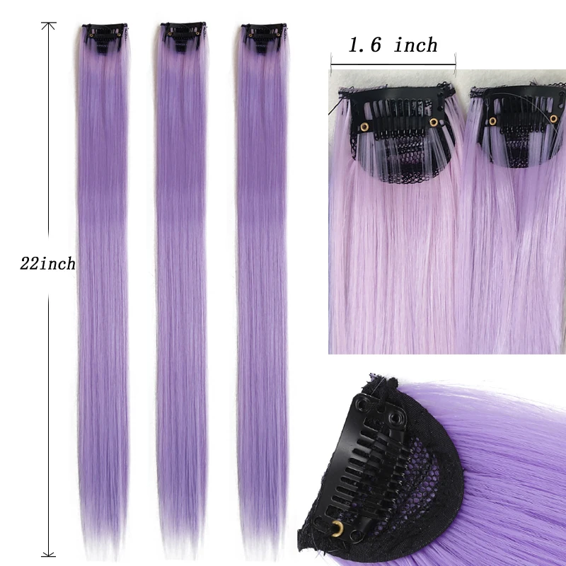 2Packs 55CM Thick Colored Straight Clip In Hair Extensions Synthetic Highlight Rainbow Hair Clips Grey Blue Purple Hairpieces