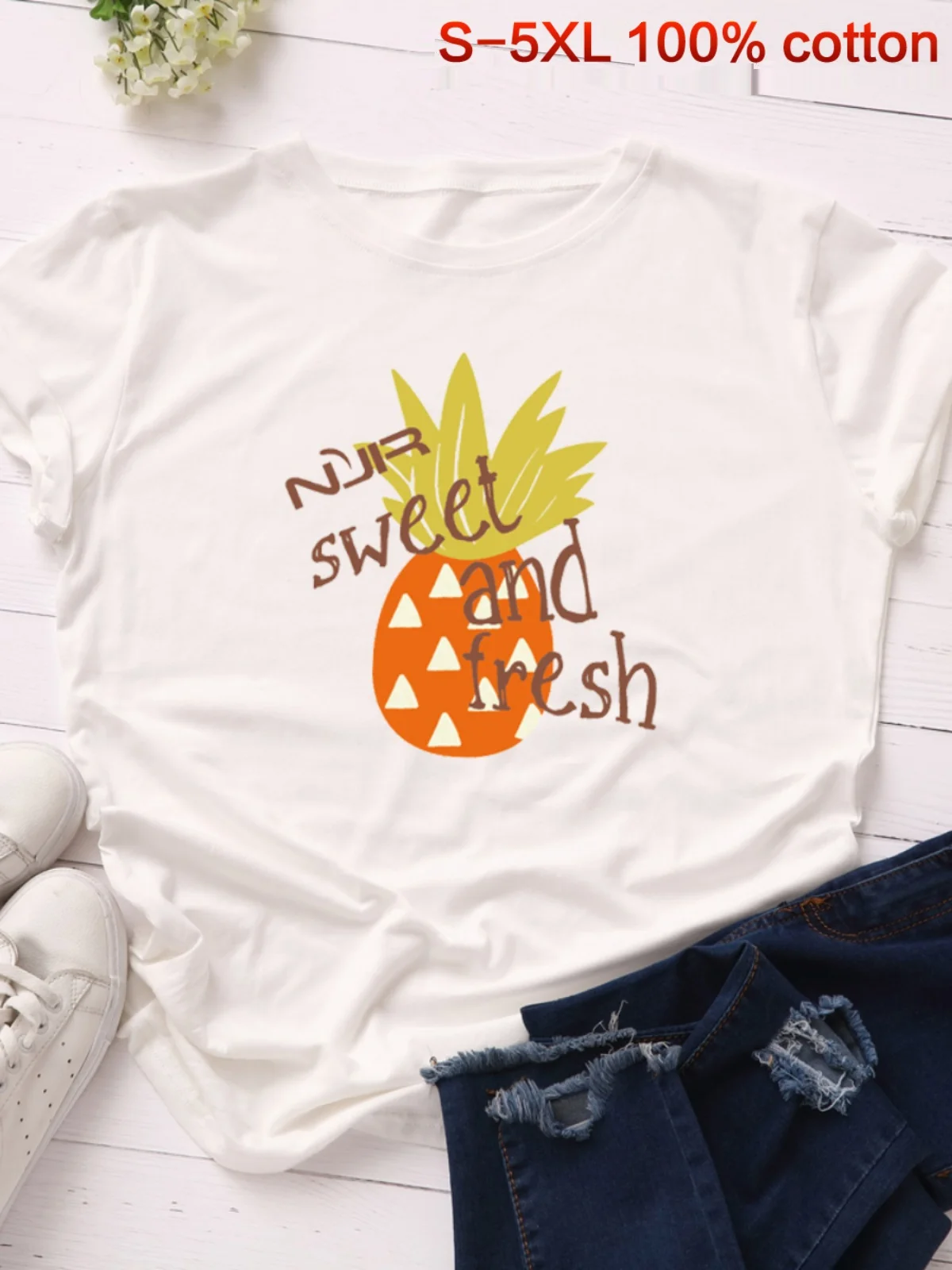 T-shirt da donna in puro cotone di grandi dimensioni Divertimento creativo Stampa di pino Street Sle Loose Fit rotondo Ne ort Sve Top