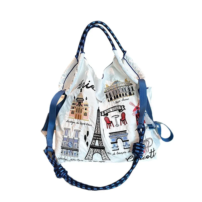 New Ball Chain Embroidered Iron Tower Shopping Bag Large Capacity Nylon Environmental Bag Handheld One Shoulder Crossbody Bag