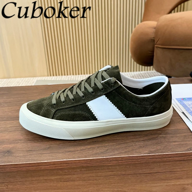 2024 Spring Suede Leather Lace Up Flat Sneakers Men Thick Sole Casual Shoes Male Outside Leisure Driving Walking Shoes Hombres