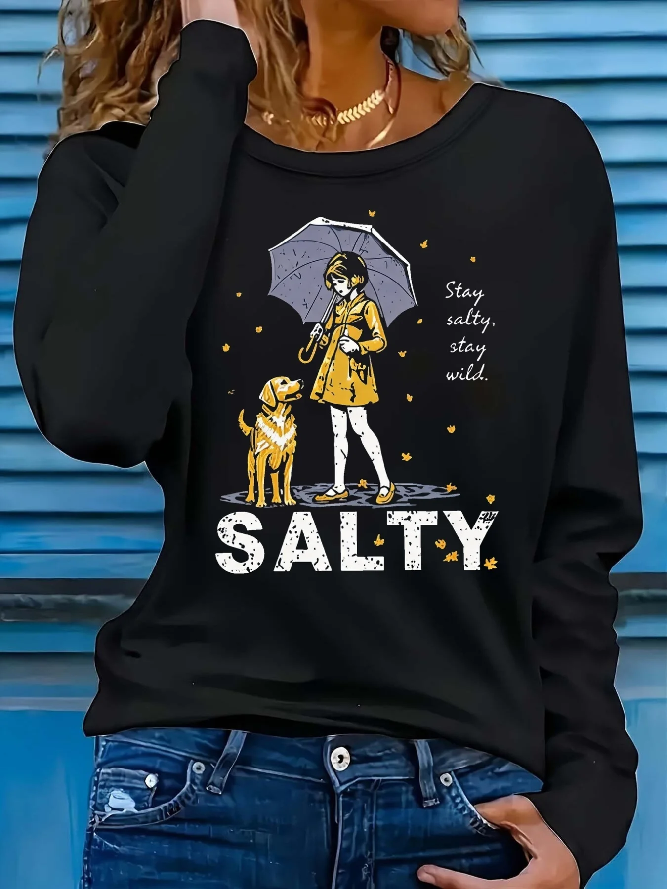 Women's Crew Ncek Long-sleeve T-shirt Featuring A Print of A Holding An Umbrella and A Golden Retriever T Shirt Clothes Female