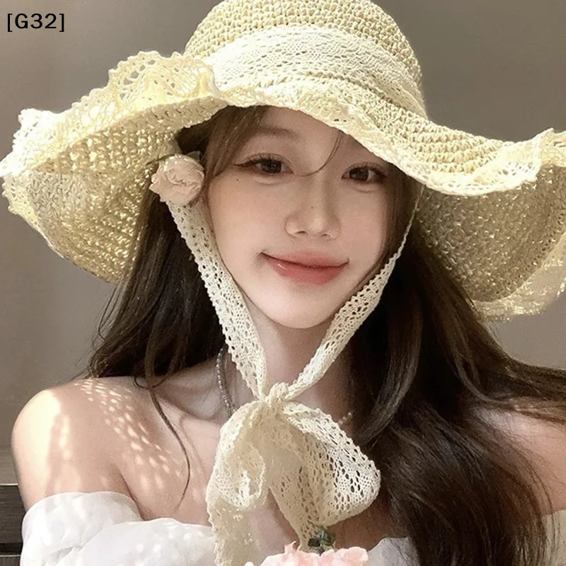 Women Summer Lace Straw Sun Hat Foldable Wide Brim Beach Hat Fresh Stylish UV Protection Shade Cap For Travel Holiday[G32]