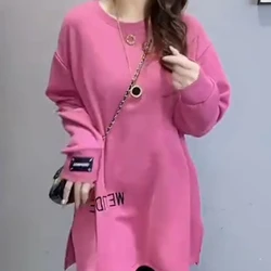 Cotton European Size Pink Slit Long Sleeved Top for Women's Autumn 2024 New Loose and Slimming Fashion Base Shirt