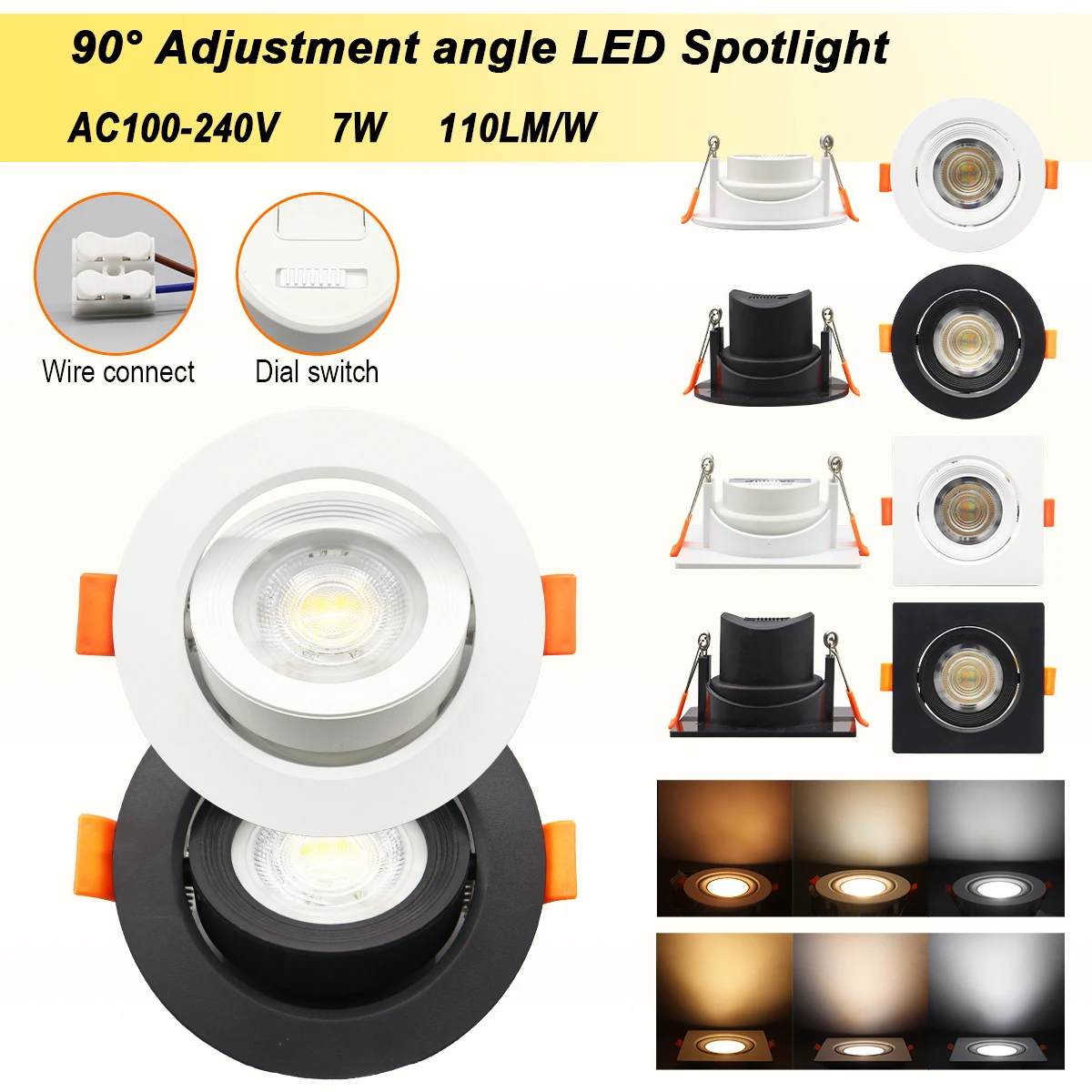 10pcs Square Round Dial Switch Ceiling Spotlight Tri Color Dimming  AC 220V 110V Adjustable Angle Downlight for Home Decoration