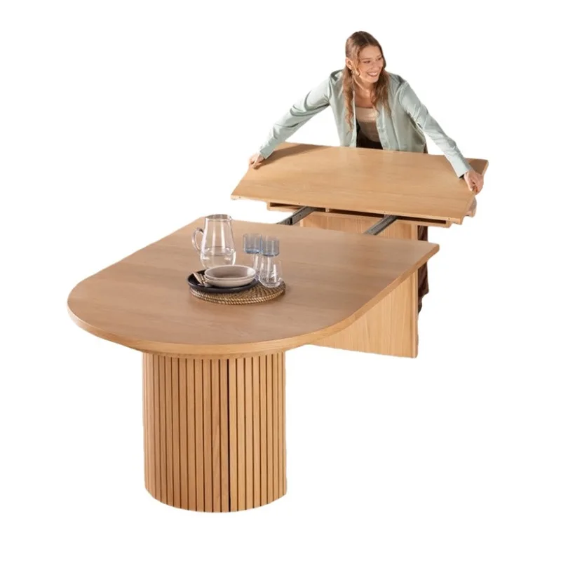 Retractable solid wood round dining table new large long table restaurant extended table